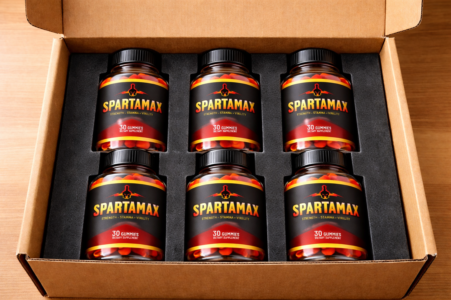 Six bottles of SpartaMax packed in a shipping box